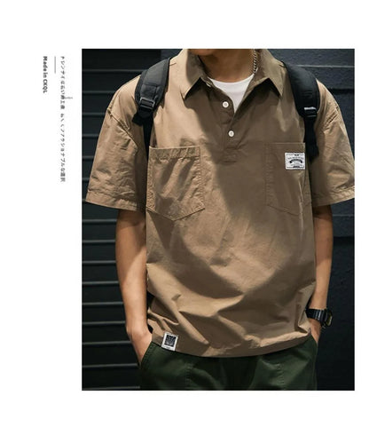 American Retro Men's  irt Summer Loose Workwear ort Sve T-irt Simple Sle Youth Trend ket Design Flat Iron