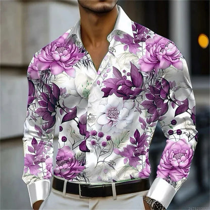 Men's shirt abstract liquid art 3D print shirt, spring and autumn lapel long-sleeved shirt, fashionable casual men's top