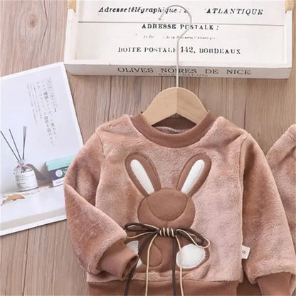 Baby Girl Clothes Autumn Winter Velvet 2Pcs Sets For Children Keep Warm Loungewear Toddler Cartoon Rabbit Sleepwear Boy Suit