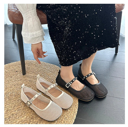 Mesh Breathable Flat Mary Jane Shoes Women Fashion Square Toe Soft Bottom Sandals Comfort Buckle Designer Ballet Shoe for Ladies