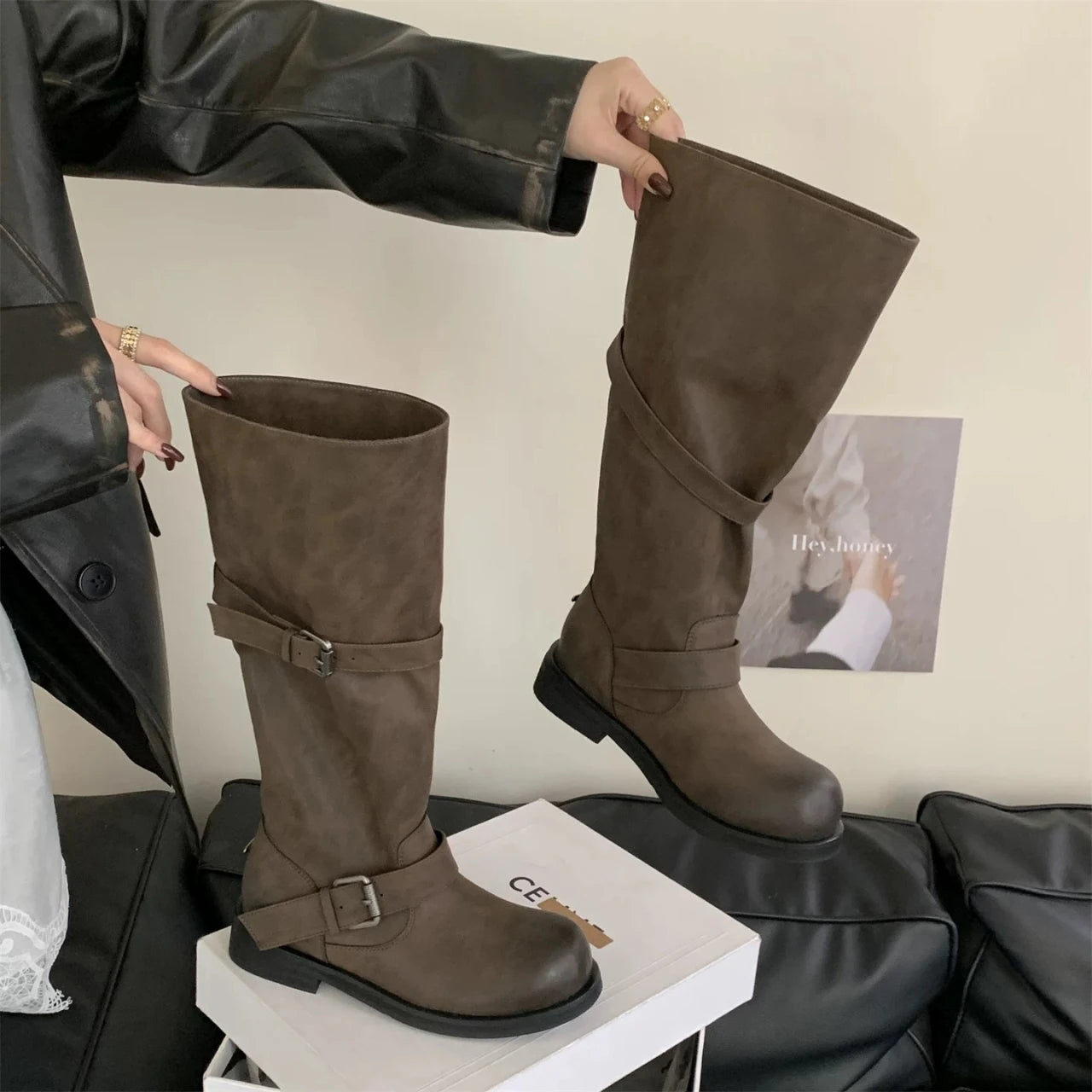 Women's Long Boots Fashion Dress Flats Shoes for Woman Designer Winter Motorcycle Boots 2025 Goth Chelsea Botas De Mujer Shoes