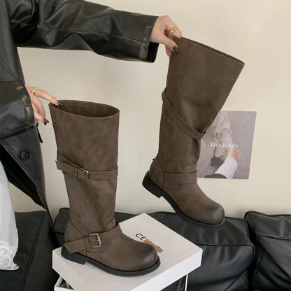 Women's Long Boots Fashion Dress Flats Shoes for Woman Designer Winter Motorcycle Boots 2025 Goth Chelsea Botas De Mujer Shoes