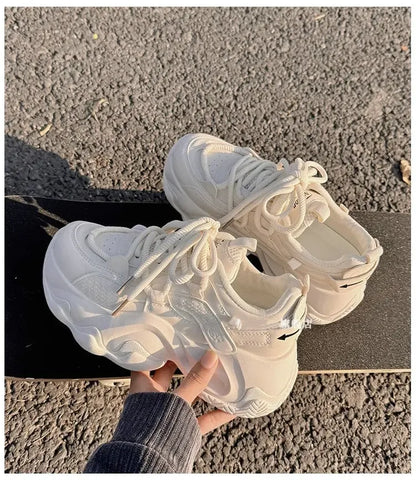 High Platform Sneakers Women Leather Dad Shoes Women Black Chunky Sneakers Thick Sole Shoes 2025 Fashion Height Increasing Shoes