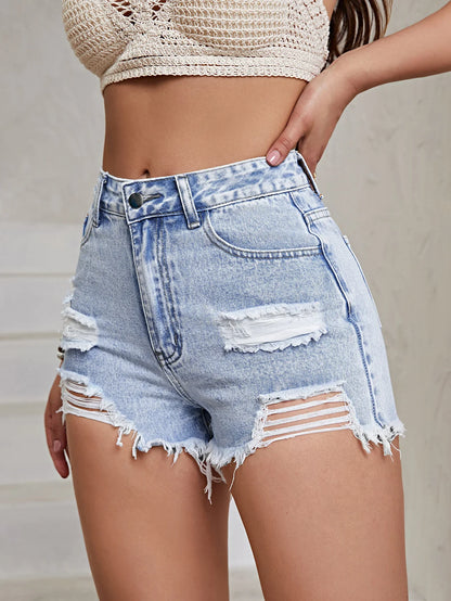 Denim Ripped Jeans Women Shorts Washed Vintage High Waist Holes Bleached Pockets Sexy Loose Y2k Straight Distressed 2025 Basics