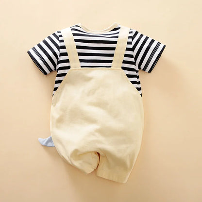 Summer Boys and Girls Cartoon Dinosaur Embroidery 3D Design Strap Splice All Cotton Short Sleeve Baby Clothing Bodysuit