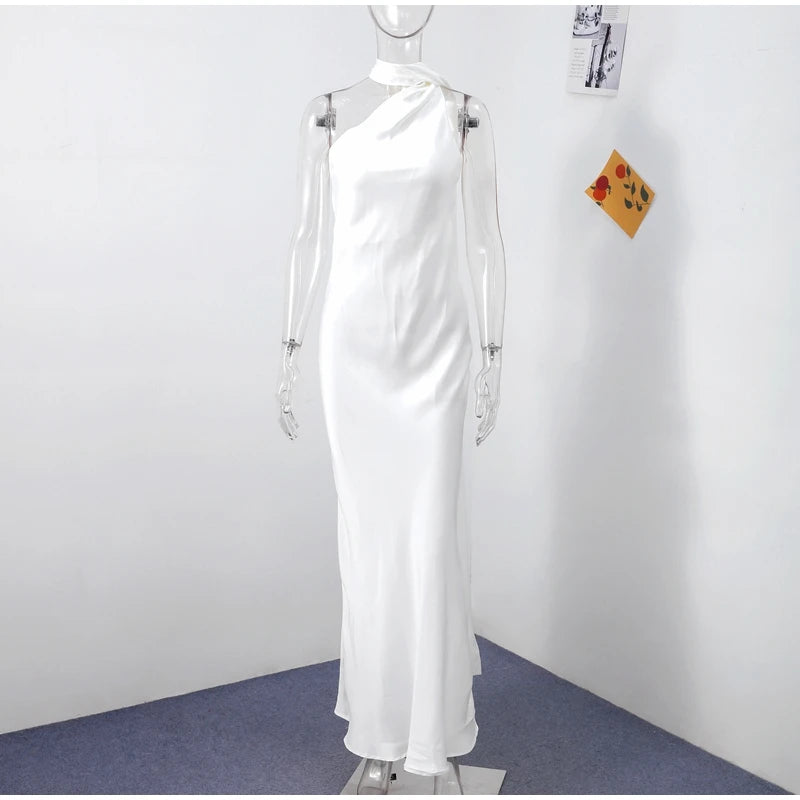 Ribbon Satin Long Party Dress Women Elegant Solid Sleeveless Female Backless Dresses 2026 Summer Autumn Lady Evening Club Gowns