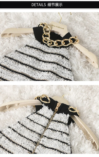 HIGH STREET Newest 2026 Designer Fashion Halter Neck Metal Chain Sleeveless Knit Striped Dress