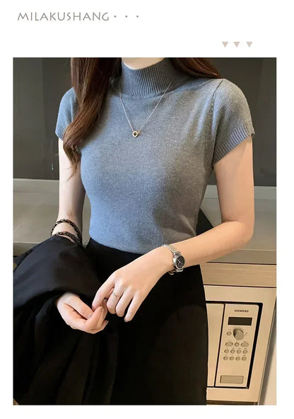 2024 Blusas Mujer De Moda Spring Summer New Solid Slim Turtleneck Blouse Women Clothing Korean Knitted Women Casual
