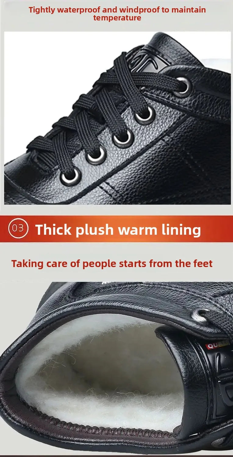 Men's High-Top Cotton Shoes Winter Thickened Fleece Anti-slip Warm Casual Fashion Outdoor Snow Boots Breathable Leather