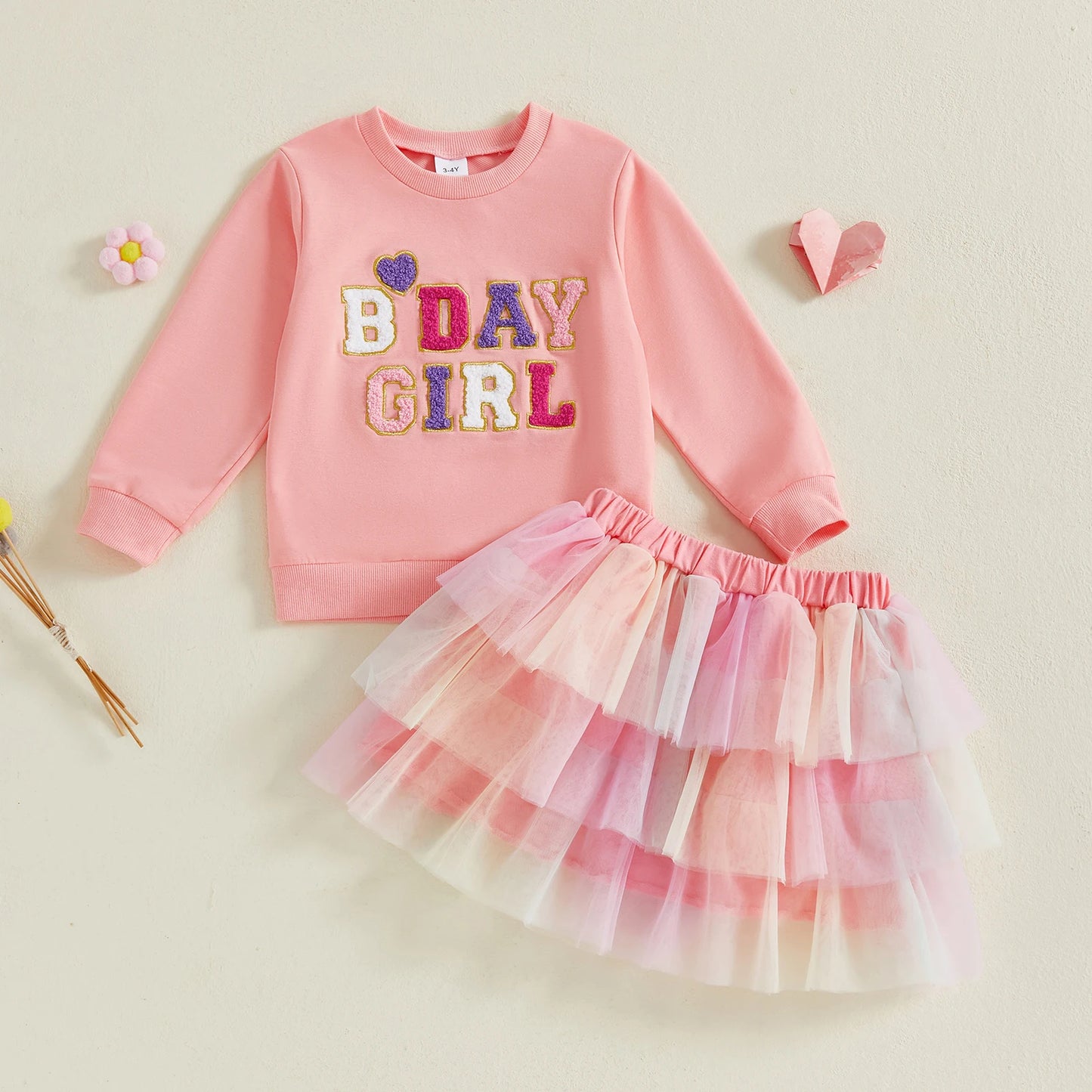 Citgeett Autumn Kids Toddler Girl Birthday Outfit Heart Letter Embroidered Long Sleeve Sweatshirt Contrast Tulle Skirt Set