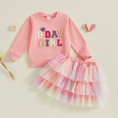 Citgeett Autumn Kids Toddler Girl Birthday Outfit Heart Letter Embroidered Long Sleeve Sweatshirt Contrast Tulle Skirt Set