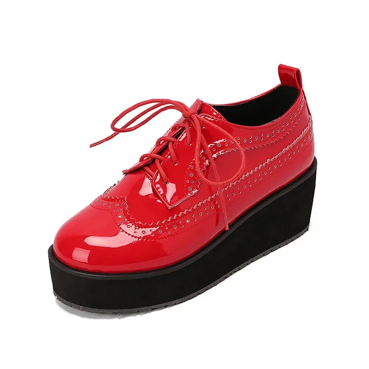 Ochanmeb Big Size 48 Women Patent Leather Brogues High Heels Derby Shoes Platforms Laser Cutout Oxfords Fashion Ladies Pumps Red
