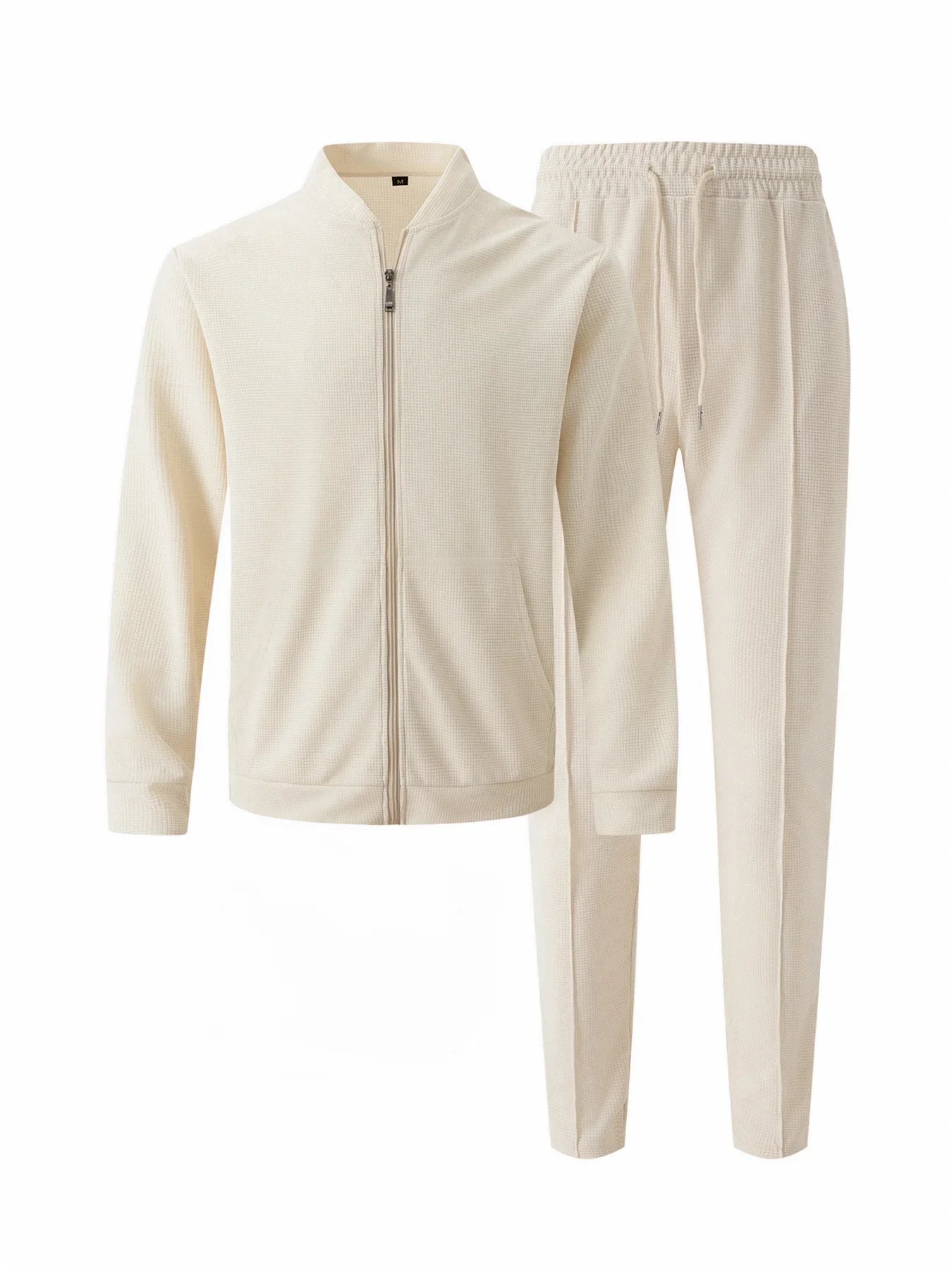 Men's Spring Casual Blazer Set Waffle Baseball Suit round Neck Zipper Long Sleeve Two-Piece Fashion Outfit with Pocket
