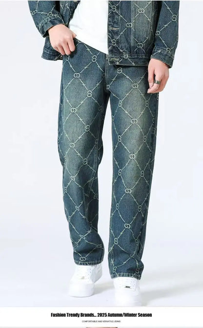 High Street Denim Sets Men's Jacquard Ragged Loose Casual Retro Washed Denim Shirt Style Jacket Jeans Pants