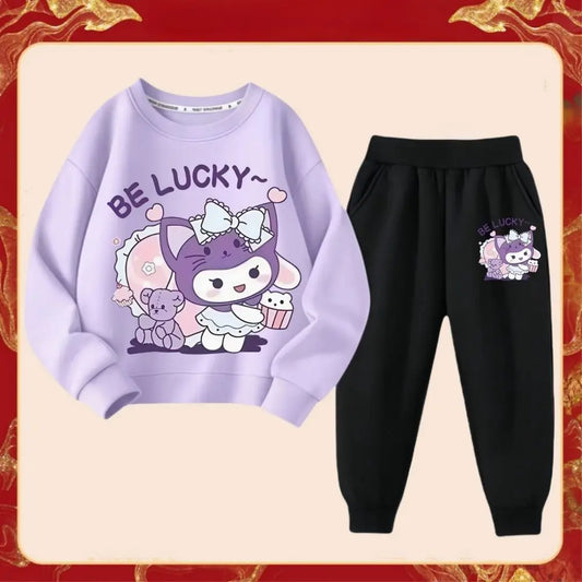 2025 Spring New Kid's Cartoon Kuromi Clothing Sets Children's Hoodies and Long Pants Two Piece Suit for Girl Casual Sweatsuit