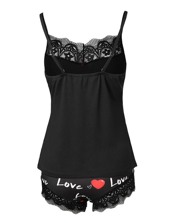 Women's summer new Valentine's Day two-piece set with heart print comparison lace sleeveless vest and shorts pajama set