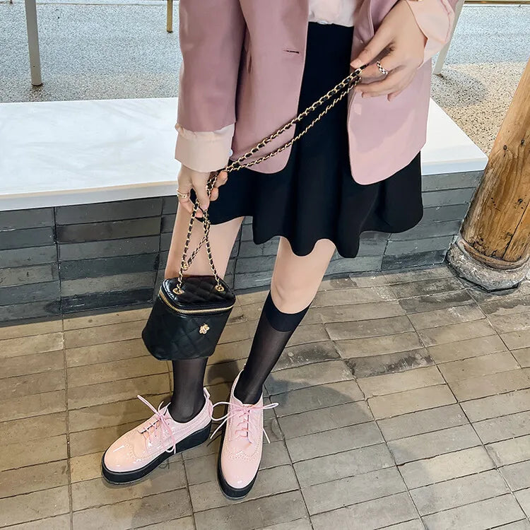 Ochanmeb Big Size 48 Women Patent Leather Brogues High Heels Derby Shoes Platforms Laser Cutout Oxfords Fashion Ladies Pumps Red