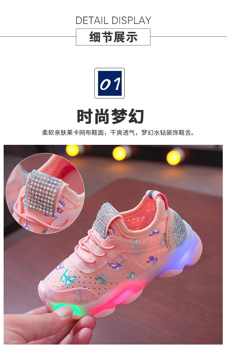 Kid Shoes Children's LED Shining Shoes 2023 Spring New Boys Sports Shoes Girls Elastic Fabric Sequins Casual Shoes Zapatillas