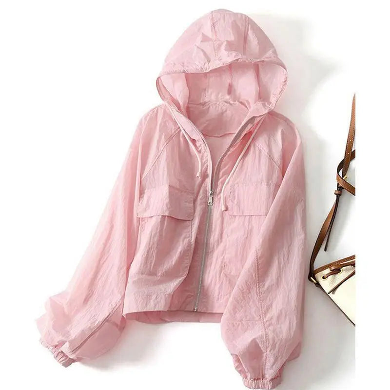 （Summer4）Women Sun Protection Clothing UV Protection Summer Loose Fit Hooded Zippered Thin And Casual