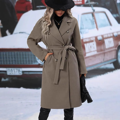 Women Turn Down Collar Thick Midi Length Wool Coat Pockets Casual Full Sleeve Double Breasted Blends Coats 2025 Autumn Winter