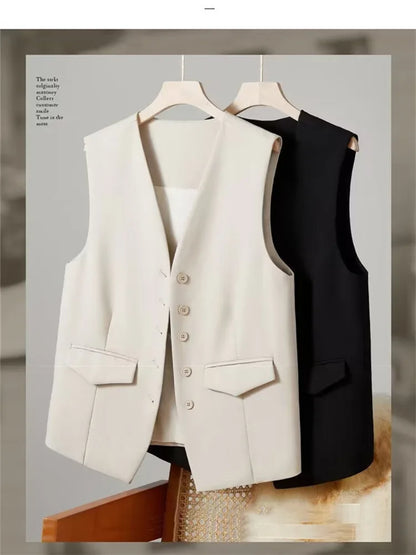 Vest Women Sleeveless Jacket Waistcoat V Neck Single Breasted Tops Outerwear Spring Summer Female 2025 Office Lady Vintage Coat