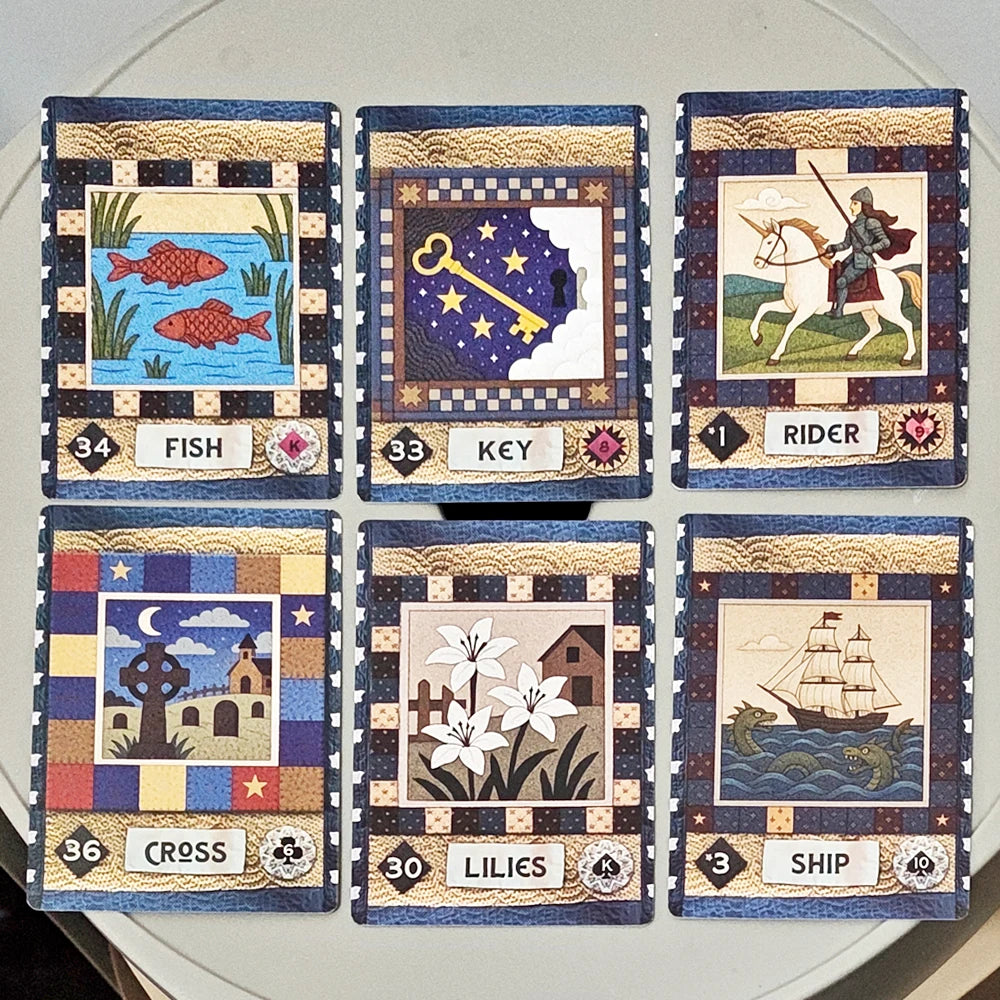 Country Quilts Lenormand Deck, 9*6cm 36-Card Folk Art Divination Deck with Rustic Quilt Pattern on Double-embossed Cardstock