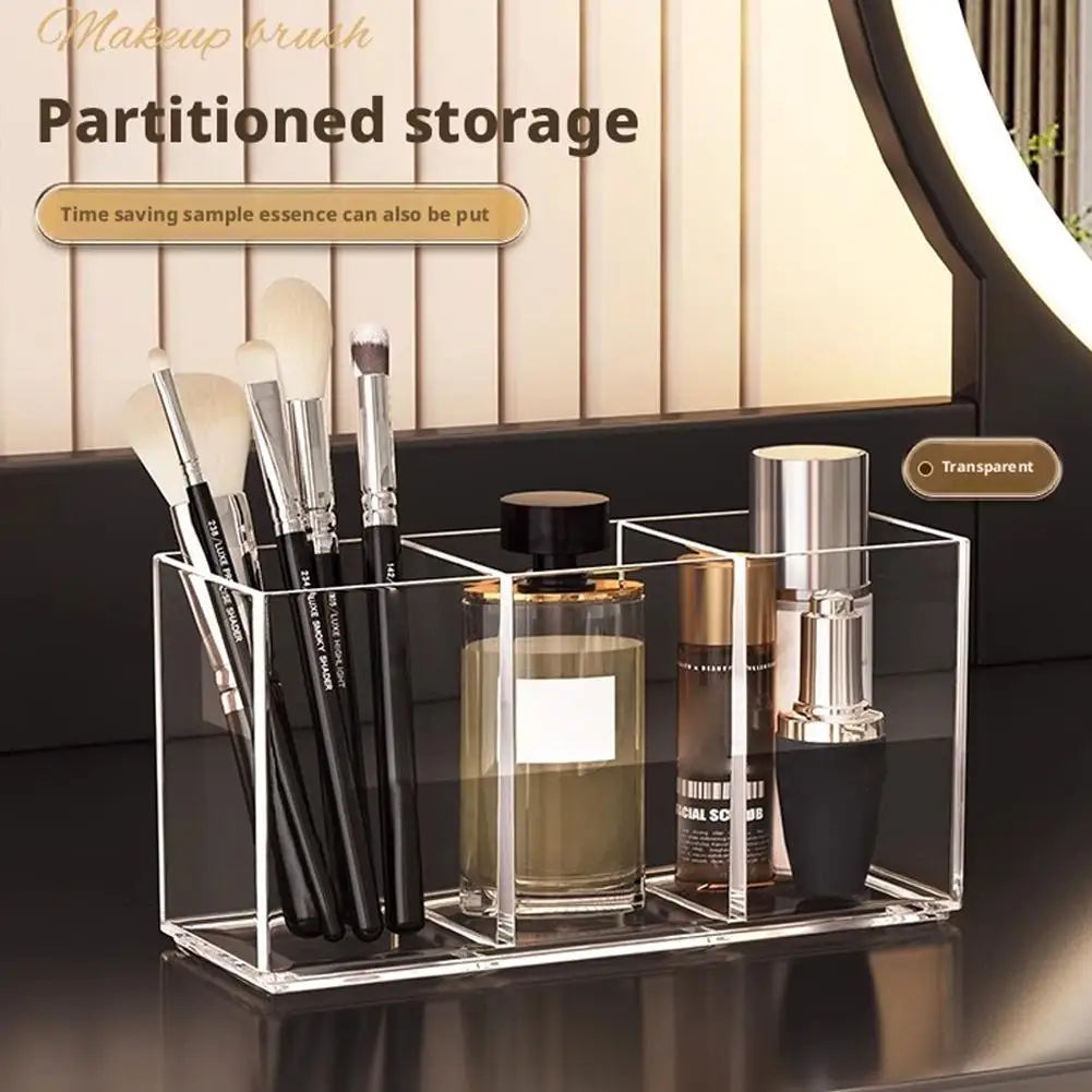 Transparent Acrylic Storage Box 3 Grid Makeup Box Desktop Organizer Makeup Brush Lipstick Rack Stationery Pen Storage Case