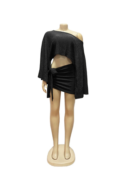 Weird Puss Sexy 2 Piece Set Women Skew Collar Loose Crop Tops+Ruched Knot Ribbon Skirt Matching Beach Vacation Party Club Suit