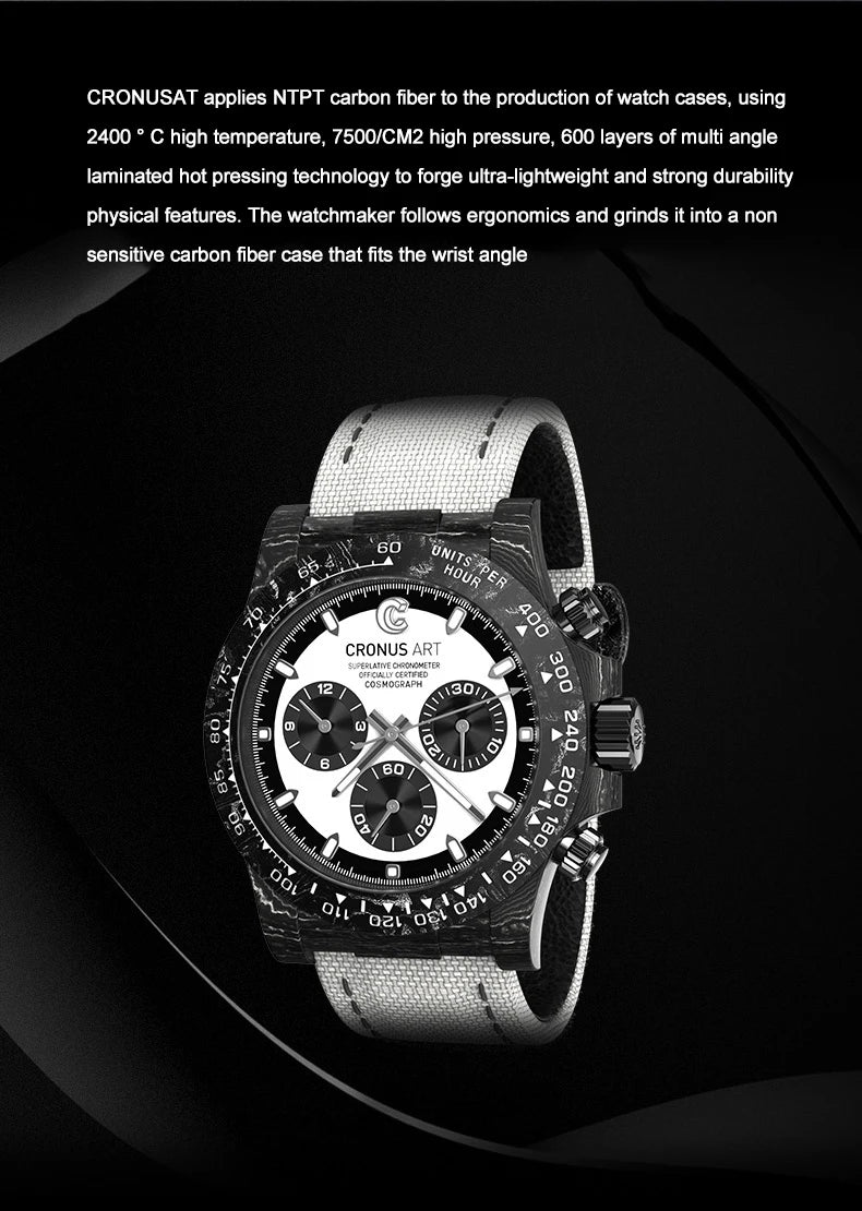 CRONUSART Men Chronograph Watch Pilot 40mm Automatic Mechanical Wristwatch Carbon Fiber Case Luminous Sapphire Mirror