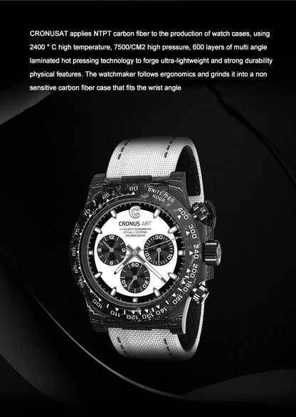 CRONUSART Men Chronograph Watch Pilot 40mm Automatic Mechanical Wristwatch Carbon Fiber Case Luminous Sapphire Mirror