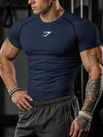 Men's compression running T-shirt fitness tight short sleeved T-shirt training jogging shirt gym sportswear quick drying