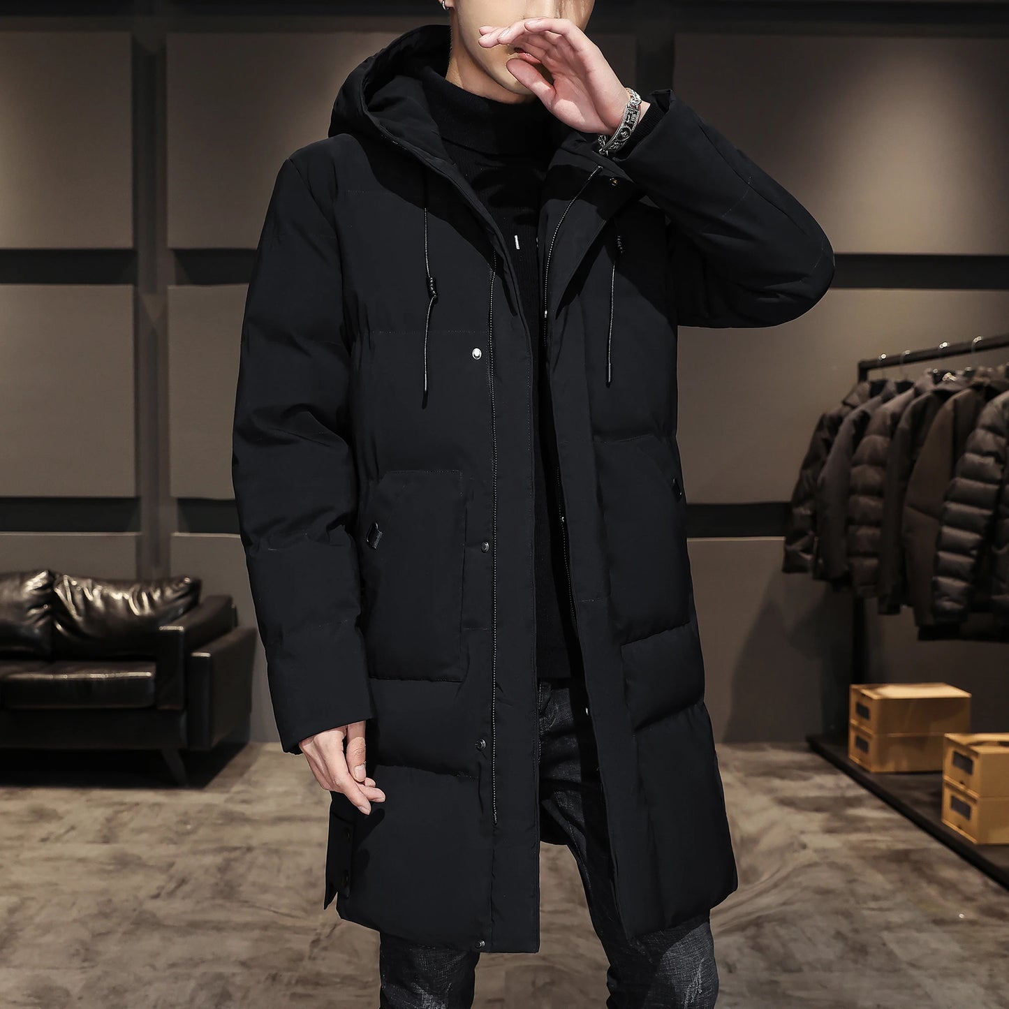 Cotton jacket men's winter thick medium long style men's decoration body trend business cotton jacket men's coat