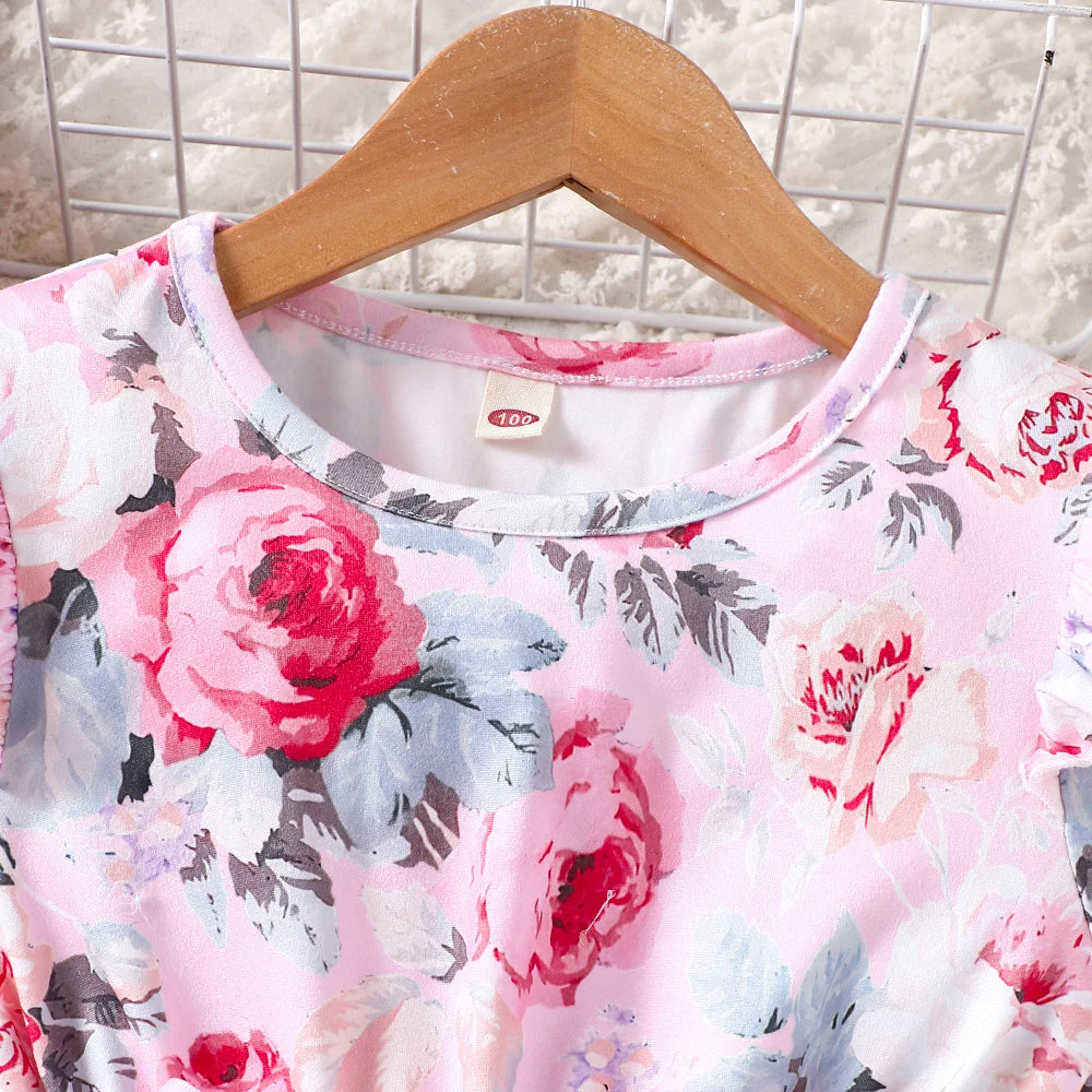 New girls' summer style bubble sleeve flower printed mesh dress