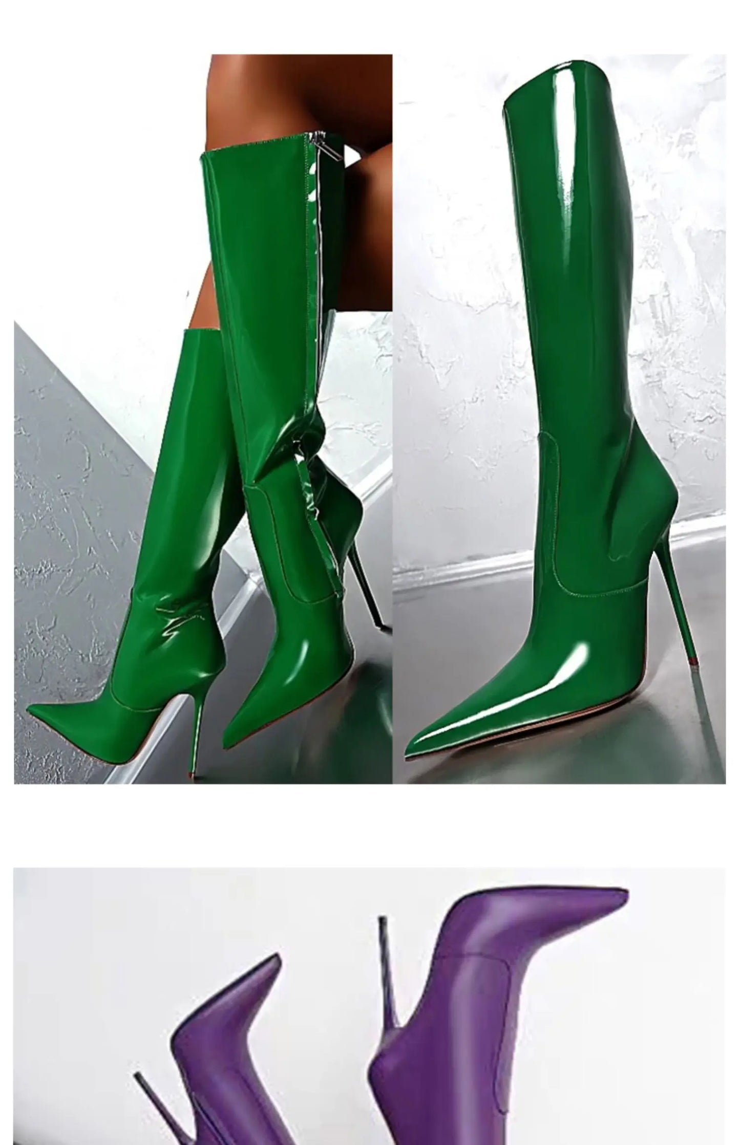 Arden Furtado Patent Leather Skinny boots Pointed toe Side zipper Super high heel Knee high boots Extra large size boots