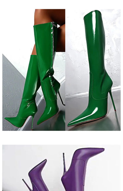 Arden Furtado Patent Leather Skinny boots Pointed toe Side zipper Super high heel Knee high boots Extra large size boots
