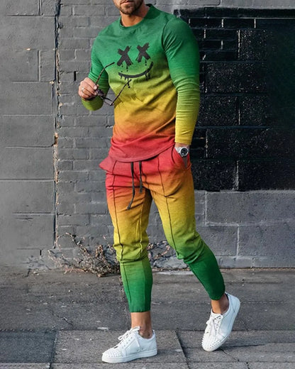 New men's striped printed breathable and comfortable round neck T-shirt and pants set for summer outdoor leisure