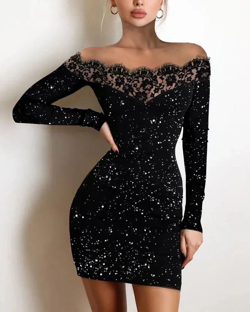 Dress Women Sexy Sheath Dresses Lace Hollow Out Sequins Sleeveless Slash Neck Full Sleeve Slim 2025 Female Party Vestidos