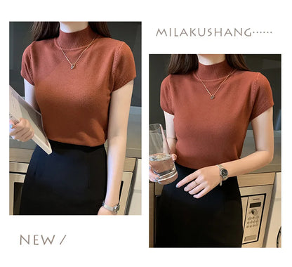2024 Blusas Mujer De Moda Spring Summer New Solid Slim Turtleneck Blouse Women Clothing Korean Knitted Women Casual