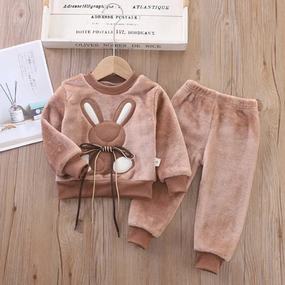 Baby Girl Clothes Autumn Winter Velvet 2Pcs Sets For Children Keep Warm Loungewear Toddler Cartoon Rabbit Sleepwear Boy Suit