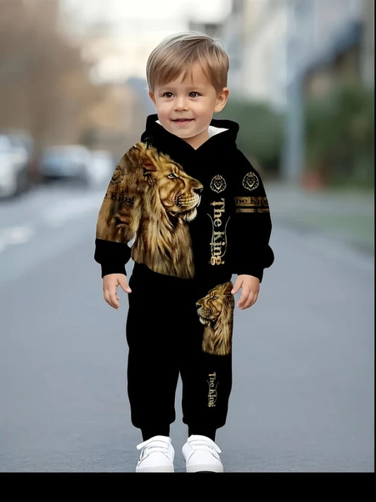 "Boys' Lion King Hoodie Set | 'The King' Bold Lion Print - Black Hooded Sweatshirt & Jogger Pants Two-Piece"