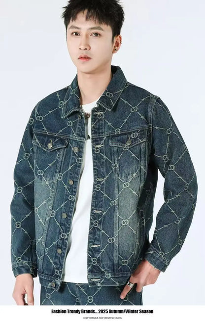 High Street Denim Sets Men's Jacquard Ragged Loose Casual Retro Washed Denim Shirt Style Jacket Jeans Pants
