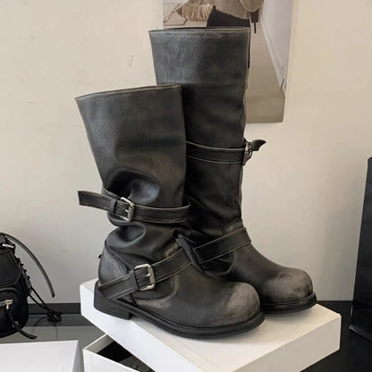 Women's Long Boots Fashion Dress Flats Shoes for Woman Designer Winter Motorcycle Boots 2025 Goth Chelsea Botas De Mujer Shoes