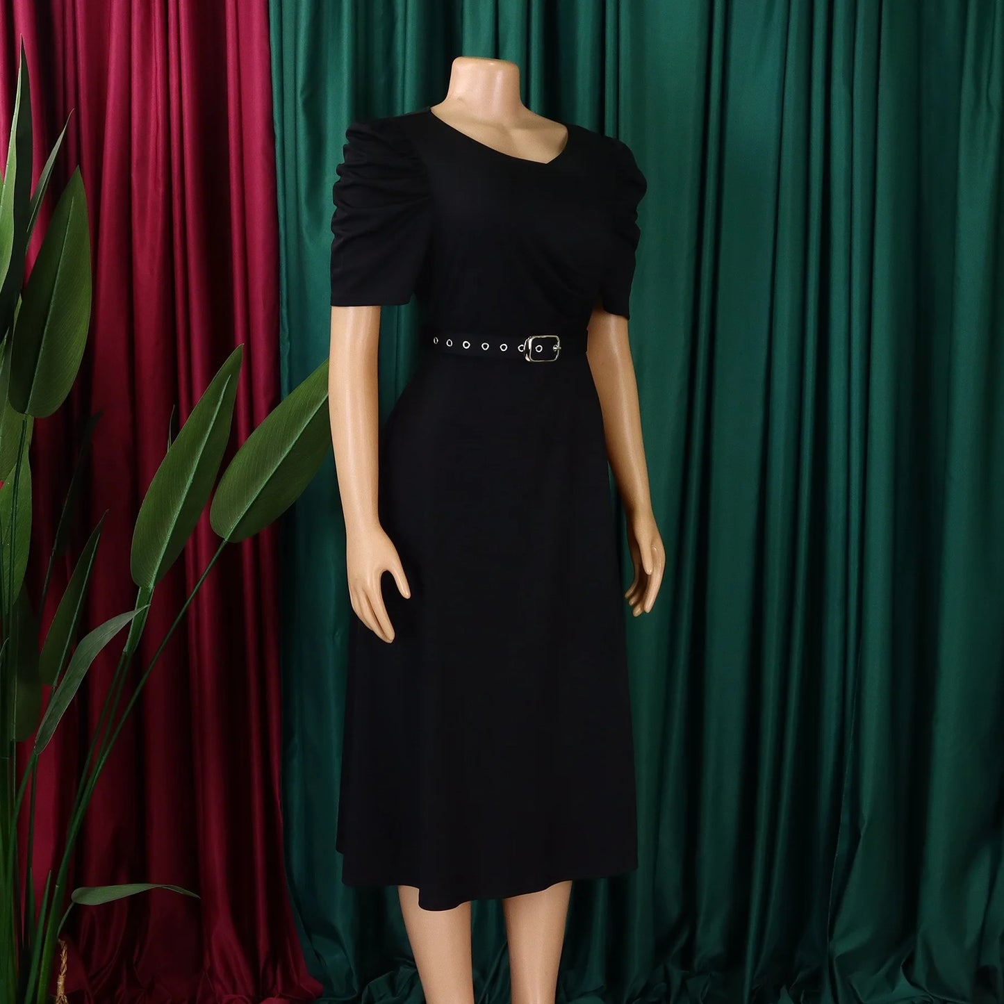 Elegant Party Dresses for Women V Neck Short Sleeve Belt Waisted Pleated Mid Calf Luxury Birthday Dinner Vestidos Mujer Dress OL