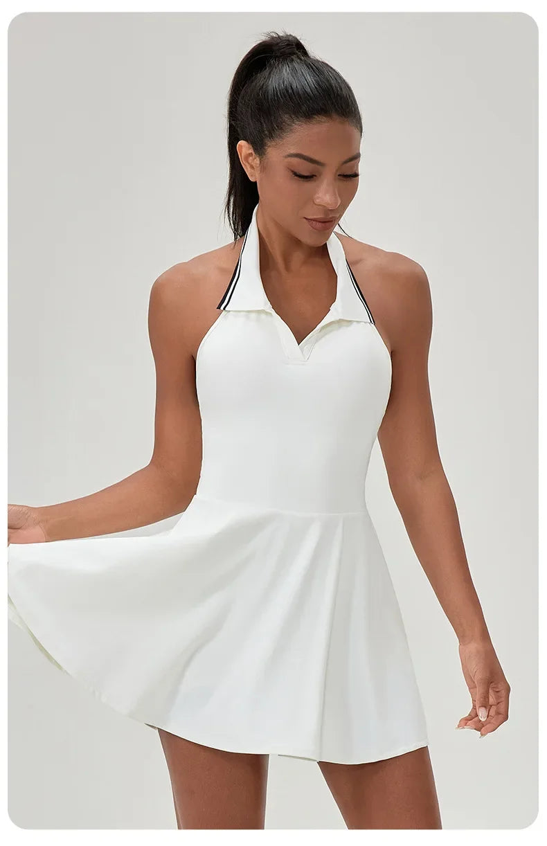 Summer Dress Vest Deep V Hanging Neck Sexy Dress for Women Contrasting Color Lapel Golf Skirt Outdoor Sports Gym Running
