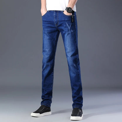 Winter Men Thermal Jeans Snow Warm Stretch Straight Jeans Man Fleece Denim Long Pants Narrow Leg Slim Fit Blue Black Trousers