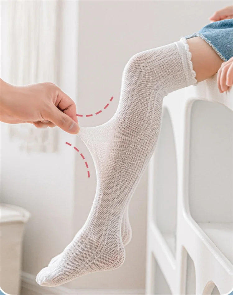 Children's Girl Knee High Long Socks 3-12Years White Color Princess Mesh Breathable School Spring Summer Fashion Kids Stockings