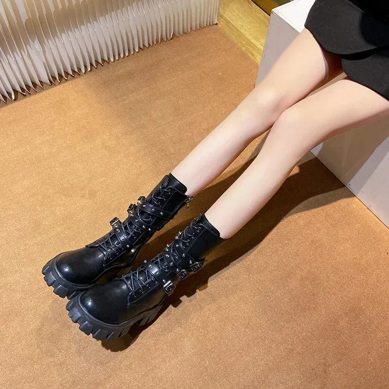 WOMEN BOOTS Goth Boots Woman Winter 2025 Platform Shoes Sneakers Studded Belt Buckle Punk  Chunky Heels Mid Calf Boots