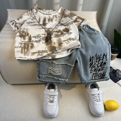 Hot Sale Fashion Baby Boy Suit Summer Clothes Short Sleeve T-shirt Short Jeans 2 Piece Set Kids Outfit 2-11Y Children's Costume