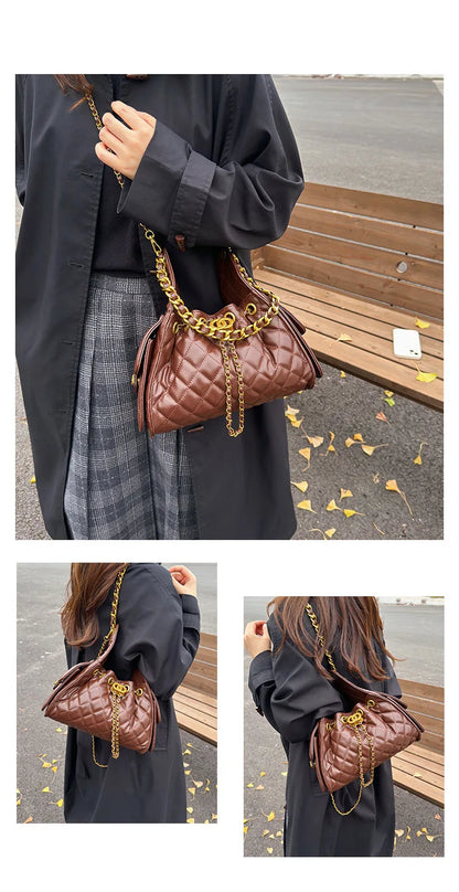 Quilted shoulder underarm bag, large-capacity hobo bag, bucket drawstring chain crossbody bag, women's handbag