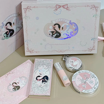 NICEKEY Pink Ballet Makeup Box Include 1*Lip mud,1*Pressed Powder,1*Highlight Powder,1*Eyeshadow Palette Powder With Necklace